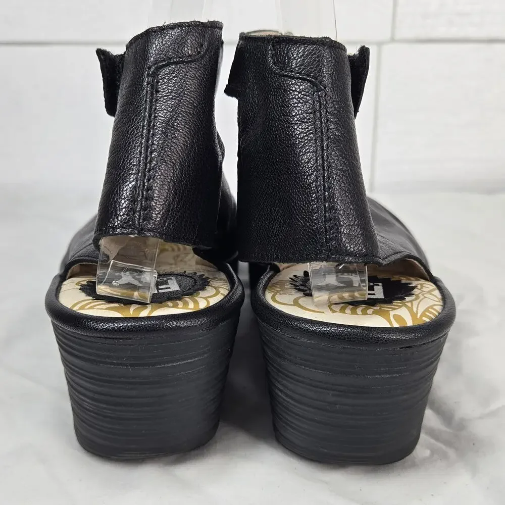 Fly London Yala EU 40 US 9.5 Black Leather Peep Toe Platform Wedge Sandals